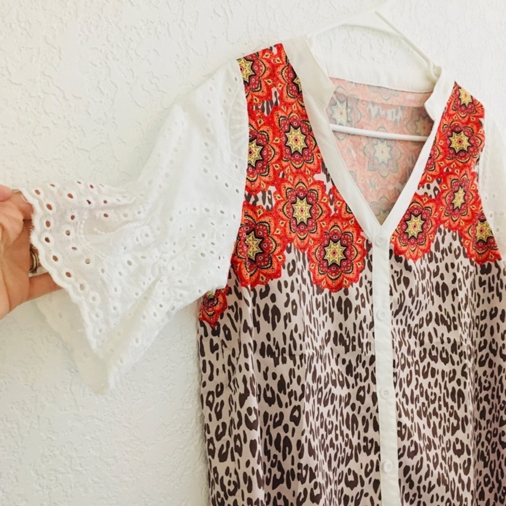 Southwestern Style Funky Animal Print Eyelet Flounce Puff Sleeve Top Size S